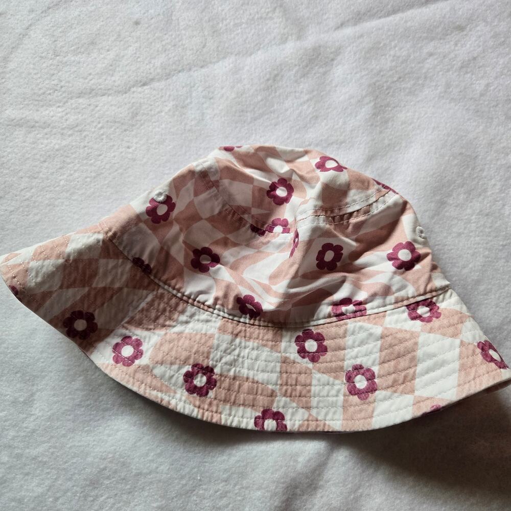 Mighty Fine Bucket Hat, pink white checkered floral, 100% Cotton, One Size